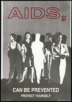 view Women from different professions with one figure blanked out in white representing a warning to women about AIDS; advertisement by the NAC/IEC (National AIDS Commission), Belize. Colour lithograp by Artworks/Visual Impact, 1993.