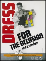 view A man holding one side of his jacket open to reveal numerous coloured packets of condoms; a safe-sex and AIDS prevention advertisement by the National AIDS Programme, Belize. Colour lithograph by Cubola Productions, 1991.