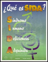 view Male and female signs behind a definition of the word 'SIDA' (AIDS) by the Fundasida, Department of AIDS control, Ministry of Health, Costa Rica. Colour lithograph, ca. 1997.