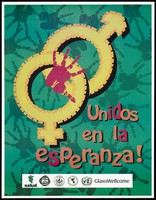 view The male and female sign with one red hand print against a backdrop of numerous green hand prints with a message about hope; an AIDS prevention advertisement sponsored by numerous health organisations in Panama, the World Health Organisation and GlaxoWellcome. Colour lithograph, ca. 1997.