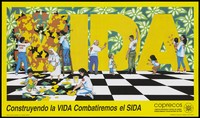 view Men, women and children decorating the words 'SIDA' against a floral background and a chequered floor; an AIDS prevention advertisement by Coprecos. Colour lithograph by Paco San Martin, 1994.