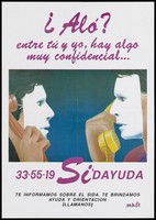 view Two men facing each other holding phone receivers wearing white masks to imply confidentiality; an advertisement for an AIDS helpline for gay men in Peru. Colour lithograph, ca. 1995.