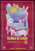 view Two women hold up another woman between them, a dove, a personified sun and a flower with facts about AIDS and HIV in Venezuela; an AIDS prevention advertisement. Colour lithograph by Marco Caamaño, 1993.