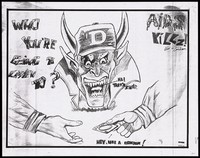 view A man bearing his fangs wearing a horned hat with the word 'AIDS' grimacing at a hand offering a condom to another hand below; one of 4 drawings by students of C. C. Sweeting Senior High School, Nassau, Bahamas for World AIDS Day, November 1993. Photocopy reproduced from a drawing, 1993.