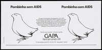 view Two identical doves apparently asleep representing the difficulty in distinguishing between those who have AIDS and those who do not; an advertisement by the Grupo de Apoio à Prevenção à AIDS, Gapa/BS, Brazil. Colour lithograph, ca. 1995.
