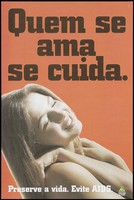 view A naked woman with her eyes shut and her arms crossed by her neck representing a woman in love; an advertisement for safe sex to prevent AIDS. Colour lithograph for the Ministério da Saúde, Brazil, Programa Nacional de Controle das DST/AIDS, ca. 1995.