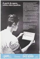 view A man looks at a clinical record card that confirms that he is HIV positive; an AIDS prevention advertisement by Gapa Bahia. Colour lithograph by Artur Viana, 1993.