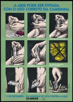 view A sequence of 9 illustrations showing a man putting a condom on, applying lubricant and disposing of it in a bin after use; a safe-sex advertisement to promote World AIDS Day by Bemfam, Sociedade Civil Bem-Estar Familiar no Brasil. Colour lithograph by 4 Mãos, ca. 1994.