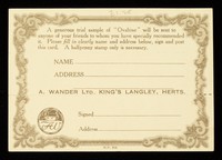 view A generous trial sample of 'Ovaltine' will be sent to anyone of your friends to whom you have specially recommended it : please fill in clearly name and address below, sign and post this card. A halfpenny stamp  only is necessary ... / A. Wander Ltd.