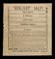 view "Sunlight" soap : why does a woman look old sooner than a man? / Lever Brothers Limited.