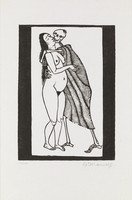 view A skeleton as Death embraces a pregnant woman. Woodcut by Gerhard Marcks, 1959.