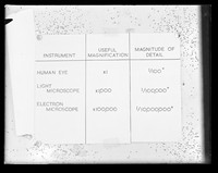 view Table comparing the scale of magnification between human eye, light microscope and the electron microscope referenced as "R.I [Royal Institute] lecture"