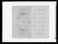 view Composite image of X-ray diffraction exposure of C-type DNA and a diagram referenced as "Hex. [hexagonal lattice] C + diagram"