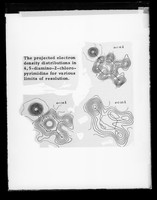 view Diagram captioned as "Project electron density distributions in 4, 5-diamino-2-chloro-pyrimidine for various limits of resolution" Referenced as "The effect of data cut off on resolution in E.D. Fourier synthesis"