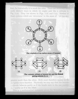 view Copy of a printed diagram referenced as "A) The O-hybrids of the carbon atoms of benzene. B) π [pi] -atomic orbitals in benzene and the Kekule pairing schemes"