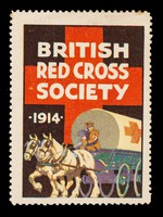 view British Red Cross Society 1914 : [man in uniform driving horse-drawn ambulance wagon].