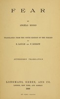 view Fear / by A. Mosso ; translated from the fifth edition of the Italian by E. Lough and F. Kiesow.