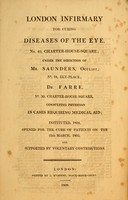 view London Infirmary for curing diseases of the eye : no. 40, Charter-House-Square : under the direction of Mr. Saunders, oculist, no. 24, Ely-Place : Dr. Farre, no. 30, Charter-House-Square, consulting physician in cases requiring medical aid : instituted, 1804, opened for the cure of patients on the 25th March, 1805, and supported by voluntary contributions.