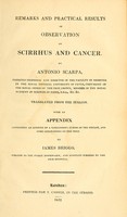 view Remarks and practical results of observation on scirrhus and cancer / by Antonio Scarpa ; tr. from the Italian, with an appendix containing an account of a sanguineous tumor of the breast, and some annotations on the text, by James Briggs.