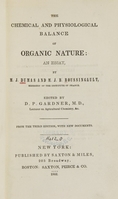 view The chemical and physiological balance of organic nature : an essay / by J. Dumas and J.B. Boussingault ; edited by D.P. Gardner.