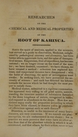 view Researches on the chemical and medical properties of the root of kahinca / by Messrs. Francois, Caventou & Pelletier ; a memoir read at the Royal Academy of Sciences (Institute,) the 27th December, 1820 ; (extracted from the Journal general of medicine, May 1830) ; translated by John Baxter, M. D.