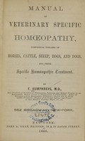 view Manual of veterinary specific homoeopathy : comprising diseases of horses, cattle, sheep, hogs, and dogs, and their specific homoeopathic treatment / by F. Humphreys.