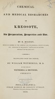 view Chemical and medical researches on kreosote : its preparation, properties, and use / by E. Miguet ; translated from the French by William Wetherill.