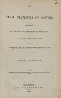 view The vital statistics of Boston : containing an abstract of the bills of mortality for the last twenty-nine years, and a general view of the population and health of the city at other periods of its history / by Lemuel Shattuck.