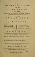 view The anatomical instructor, or, An illustration of the modern and most approved methods of preparing and preserving the different parts of the human body, and of quadrupeds, by injection, corrosion, maceration, distension, articulation, modelling, &c : with a variety of copper-plates / by Thomas Pole.