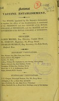 view National Vaccine Establishment : the board, appointed by His Majesty's Government to regulate the affairs of this establishment, is constituted of the president and four censors of the Royal College of Physicians, and of the master and two governors of the Royal College of Surgeons.