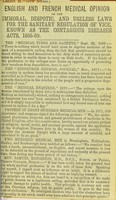 view English and French medical opinion on the immoral, despotic, and useless laws for the sanitary regulation of vice, known as the Contagious Diseases Acts, 1866-69.