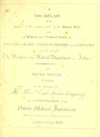 view A vocabulary of the names of the various parts of the human body and of medical and technical terms in English, Arabic, Persian, Hindee and Sanscrit for the use of the members of the Medical Department in India / by Peter Breton, surgeon in the service of the Hon. East India Company and superintendent of the Native Medical Institution.