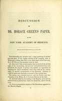 view Discussion on the reports of the Committee of the New York Academy of Medicine, to whom was referred the paper of Dr. Horace Green "On the employment of injections into the bronchial tubes and tubercular cavities of the lungs".