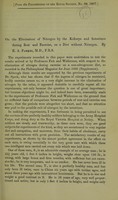 view On the elimination of nitrogen by the kidneys and intestines during rest and exercise, on a diet without nitrogen / by E. A. Parkes, M.D.