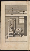 view Engraving showing Sanctorio sitting in the balance that he constructed to determine the net weight change over time after the intake and excretion of food stuffs and fluids