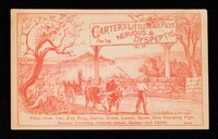 view Carter's Little Nerve Pills for the nervous & dyspeptic : find - cow, owl, fox, frog, parrot, horse, lizard, goose, man smoking pipe, rooster crowing, General Grant, Romeo and Juliet ... / Carter Medicine Co.