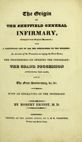 view The origin of the Sheffield General Infirmary, (compiled from original documents,) : with a particular list of all the subscribers to the building; an account of the procession on laying the first stone; the proceedings on opening the Infirmary; the grand procession attending the same, and of the first anniversary, &c. &c.; with an engraving of the Infirmary / by Robert Ernest, M.D.