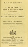 view Manual of instructions for the guidance of army surgeons in testing the range and quality of vision of recruits and in distinguishing the causes of defective vision in soldiers / by T. Longmore.