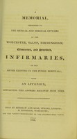 view A memorial, presented to the medical and surgical officers of the Worcester, Salop, Birmingham, Gloucester, and Hereford, Infirmaries, on the abuses existing in the public Hospitals : with an appendix, containing the answers received from them.