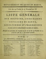 view Liste générale des docteurs, chirurgiens, officiers de santé, sages-femmes et pharmaciens établis dans le Département ... dressée en exécution de l'article 26 de la loi du 19 ventôse an 11 et 28 de celle du 21 germinal suivant.