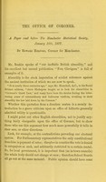 view The office of coroner : a paper read before the Manchester Statistical Society at its meeting, January 10, 1877 / by Edward Herford.