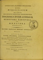 view Commentatio anatomico-physiologica sistens disqisitionem [i.e. disquisitionem] an verum organorum digestioni inservientium discrimen inter animalia herbivora carnivora et omnivora reperiatur : illustri facultati medicae Gottingensi oblata / auctore Jano Weibel Neergaard.