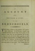 view An account and method of cure of the bronchocele, or, Derby-neck : with some reasons attempted, for considering the bronchocele and dropsy of the ovarium, as kindred diseases, and a plate accurately engraved, representing the figure of the disease / by Thomas Prosser.