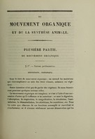 view Du mouvement organique et de la synthèse animale : thèse pour le doctorat en médecine, présentée et soutenue le 17 août 1861 / par Jean-Baptiste Dehoux.