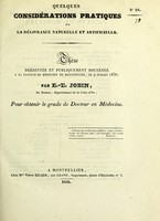 view Quelques considérations pratiques sur la délivrance naturelle et artificielle : thèse présentée et publiquement soutenue à la Faculté de médecine de Montpellier, le 9 juillet 1836 / par E.-E. Jobin.