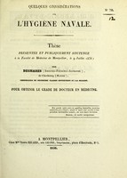 view Quelques considérations sur l'hygiène navale : thèse présentée et publiquement soutenue à la Faculté de médecine de Montpellier, le 9 juillet 1836 / par Desmares (Adolphe-Frédéric-Alphonse).
