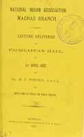 view Water and its effect on public health : lecture delivered at Pacheappa's Hall, on 1st April 1882 / by M.C. Furnell.