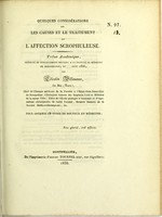 view Quelques considérations sur les causes et le traitement de l'affection scrophuleuse : tribut académique, présenté et publiquement soutenu à la Faculté de médecine de Montpellier, le [...] août 1836 / par Célestin Villeneuve.