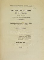 view Considérations générales sur les inflammations de poitrine, désignées par les noms de pleurésie, pneumonie, péricardite : dissertation présentée et publiquement soutenue à la Faculté de médecine de Montpellier, le 4 janvier 1837 / par Antoine-Laurent Lapeyre.