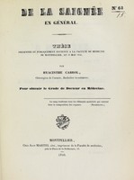 view De la saignée en général : thèse présentée et publiquement soutenue à la Faculté de médecine de Montpellier, le 16 mai 1840 / par Hyacinthe Cabrol.